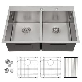 33 Inch Kitchen Sink Drop-in Topmount Sink 16 Gauge Double Bowl 50/50 Gunmetal Black Stainless Steel Sink with Strainer (Color: Stainless Steel, Design: 33-5/5)