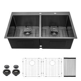 33 Inch Kitchen Sink Drop-in Topmount Sink 16 Gauge Double Bowl 50/50 Gunmetal Black Stainless Steel Sink with Strainer (Color: Gunmetal Black, Design: 33-5/5)