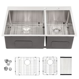 33 Inch Kitchen Sink Drop-in Topmount Sink 16 Gauge Double Bowl 50/50 Gunmetal Black Stainless Steel Sink with Strainer (Color: Stainless Steel, Design: 33-6/4)