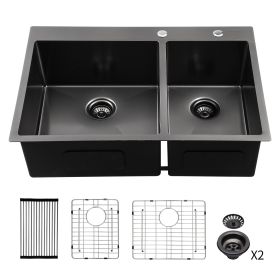 33 Inch Kitchen Sink Drop-in Topmount Sink 16 Gauge Double Bowl 50/50 Gunmetal Black Stainless Steel Sink with Strainer (Color: Gunmetal Black, Design: 33-6/4)