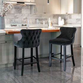 Contemporary Velvet Upholstered Wing-Back Barstools with Button Tufted Decoration and Wooden Legs;  and Chrome Nailhead Trim;  Leisure Style Bar (Color: Black)