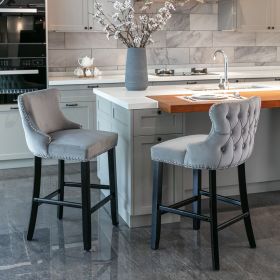 Contemporary Velvet Upholstered Wing-Back Barstools with Button Tufted Decoration and Wooden Legs;  and Chrome Nailhead Trim;  Leisure Style Bar (Color: Gray)